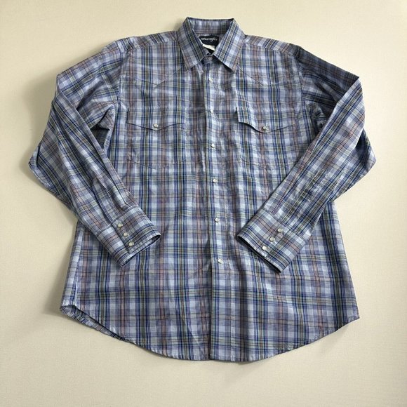 Vintage Wrangler Western Brushpopper Button Up Shirt Pearl Snap Rodeo Mens Large - Picture 1 of 10